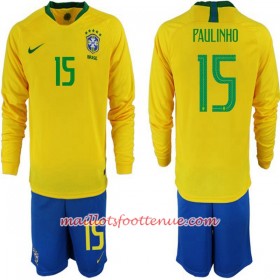 Maillot/Tenue Brésil Paulinho 15 Enfant Domicile Coupe du monde 2018 Manche Longue